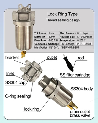 5/10/20 Inches Stainless Steel Cartridge Filter Housing for Filtration Flow rate 6/8/15 T/H 0 power w
