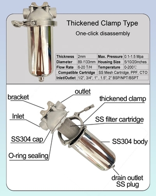 5/10/20 Inches Stainless Steel Cartridge Filter Housing for Filtration Flow rate 6/8/15 T/H 0 power w